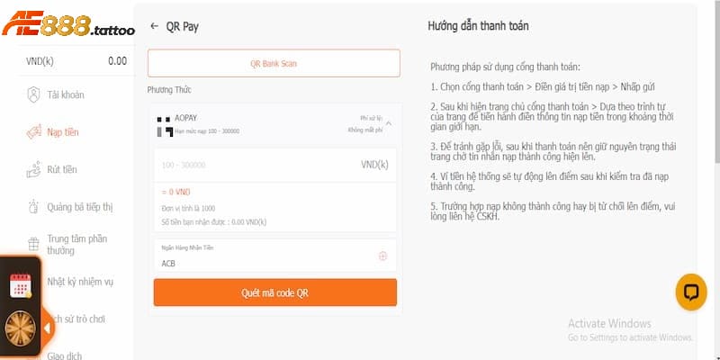 Phương thức nạp tiền vào AE888 bằng mã QR