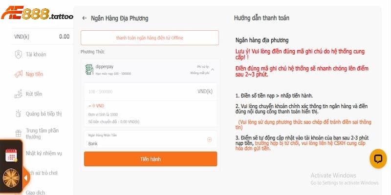Phương thức nạp tiền AE888 bằng thẻ ngân hàng tiện lợi không phải chờ đợi lâu