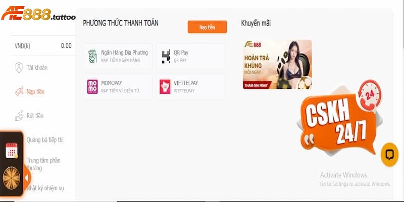 Quy trình nạp tiền vào tài khoản AE888 chuyên nghiệp
