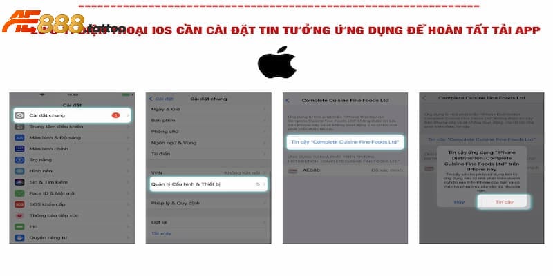 Hệ IOS cần mở cài đặt tin tưởng nếu muốn tải app của AE888 về máy
