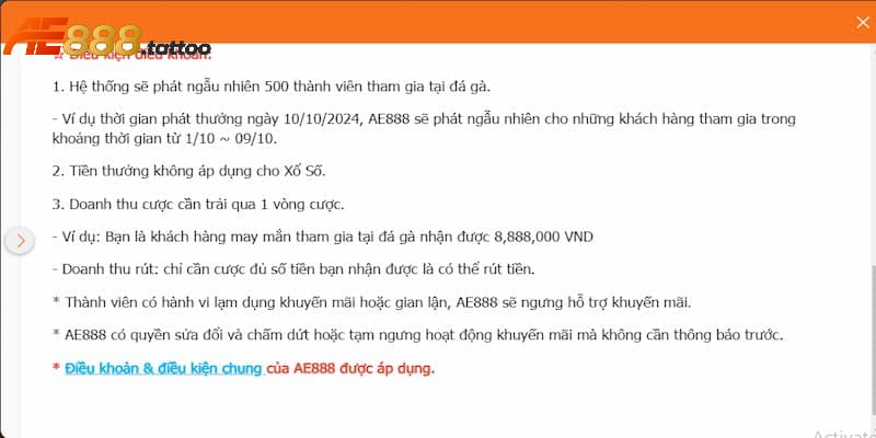 Điều khoản điều kiện của sự kiện ưu đãi nhà cái AE888